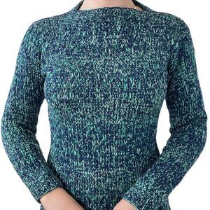 Vintage 1970s Womens Hand Knit Acrylic Mid Mod Navy Green Chunky Sweater Sz XS